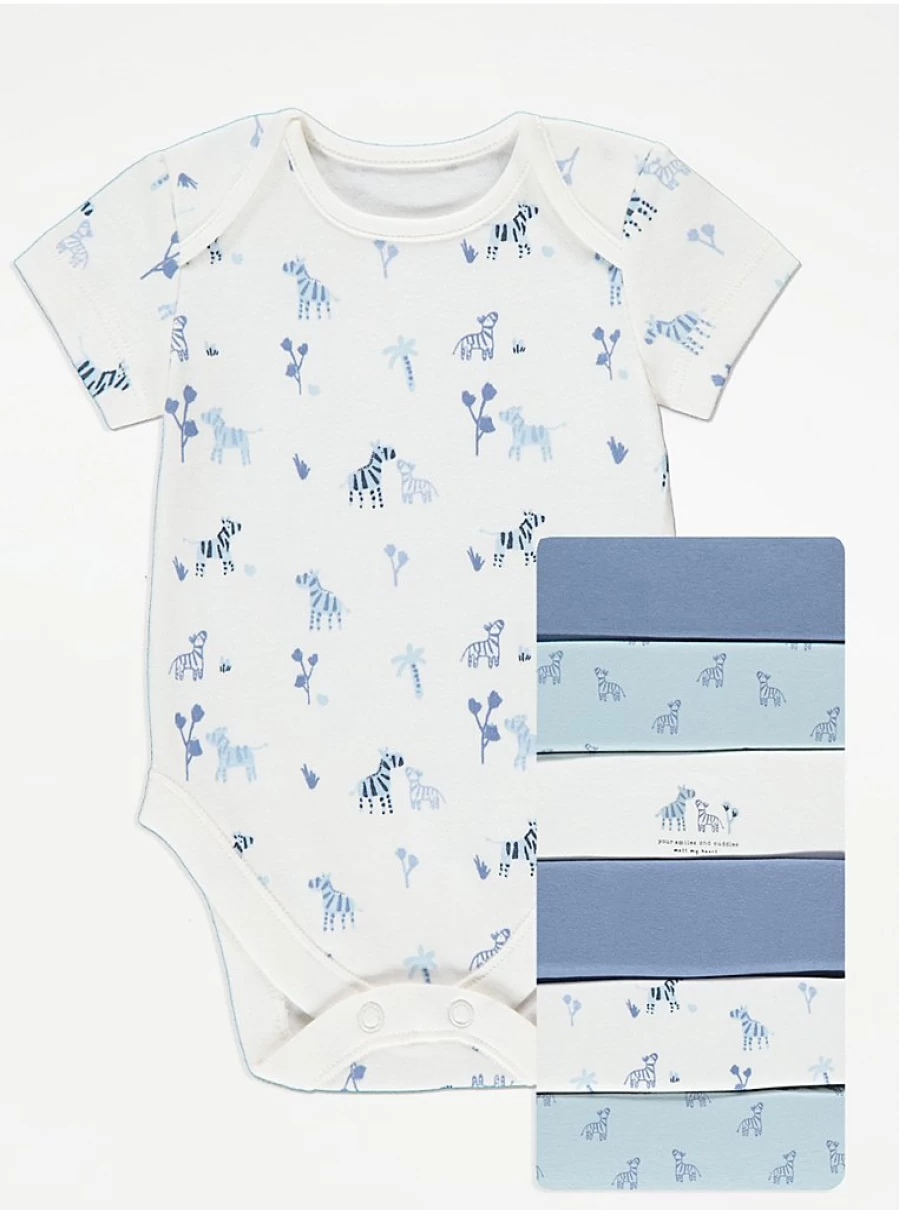 George at Asda Baby Blue Zebra Short Sleeve Bodysuits - 7 Pack Set for Infants