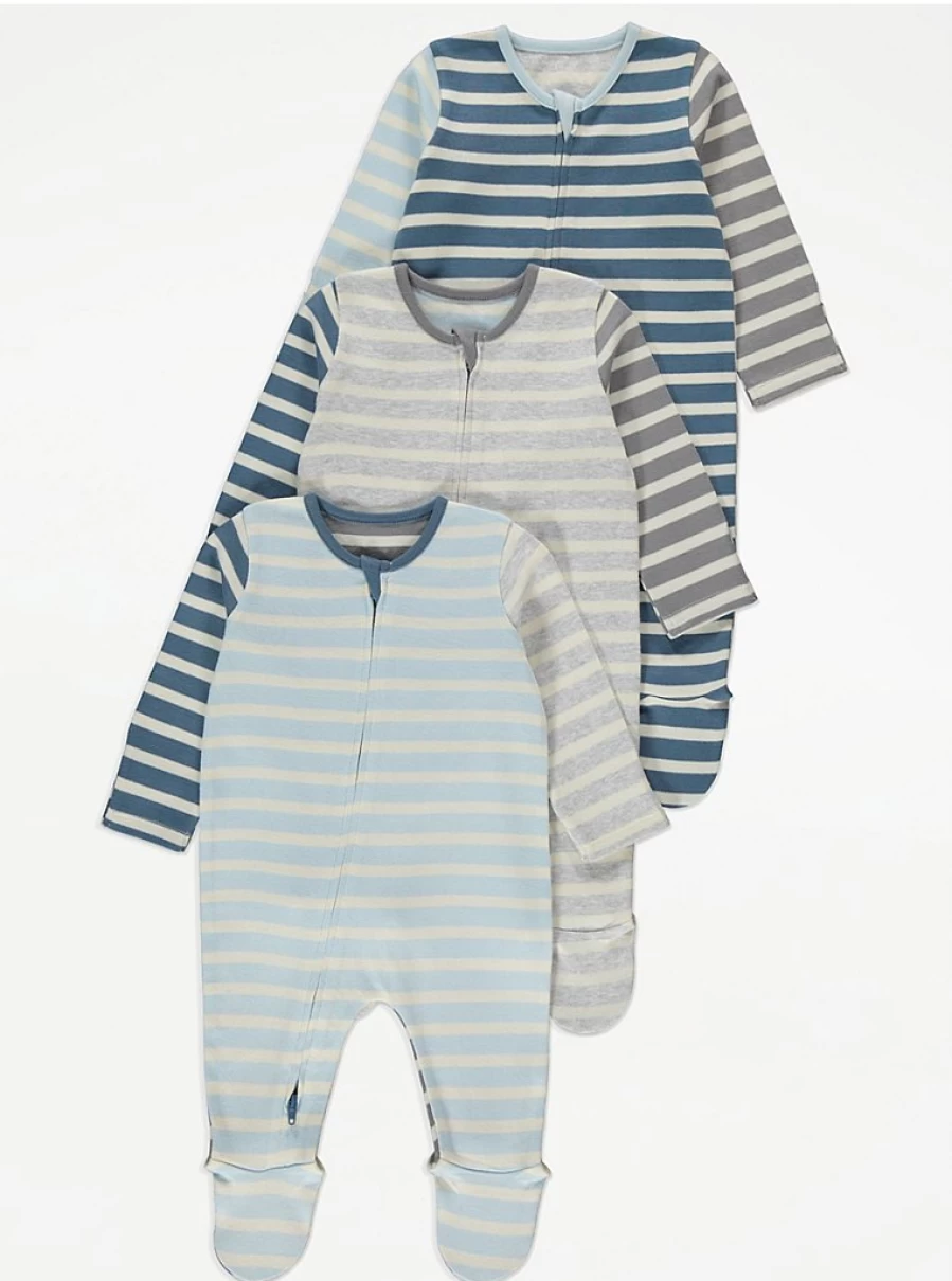 George at Asda Baby Boys' Blue Striped Sleepsuits 3-Pack - Soft Cotton Zip-Up Pajamas