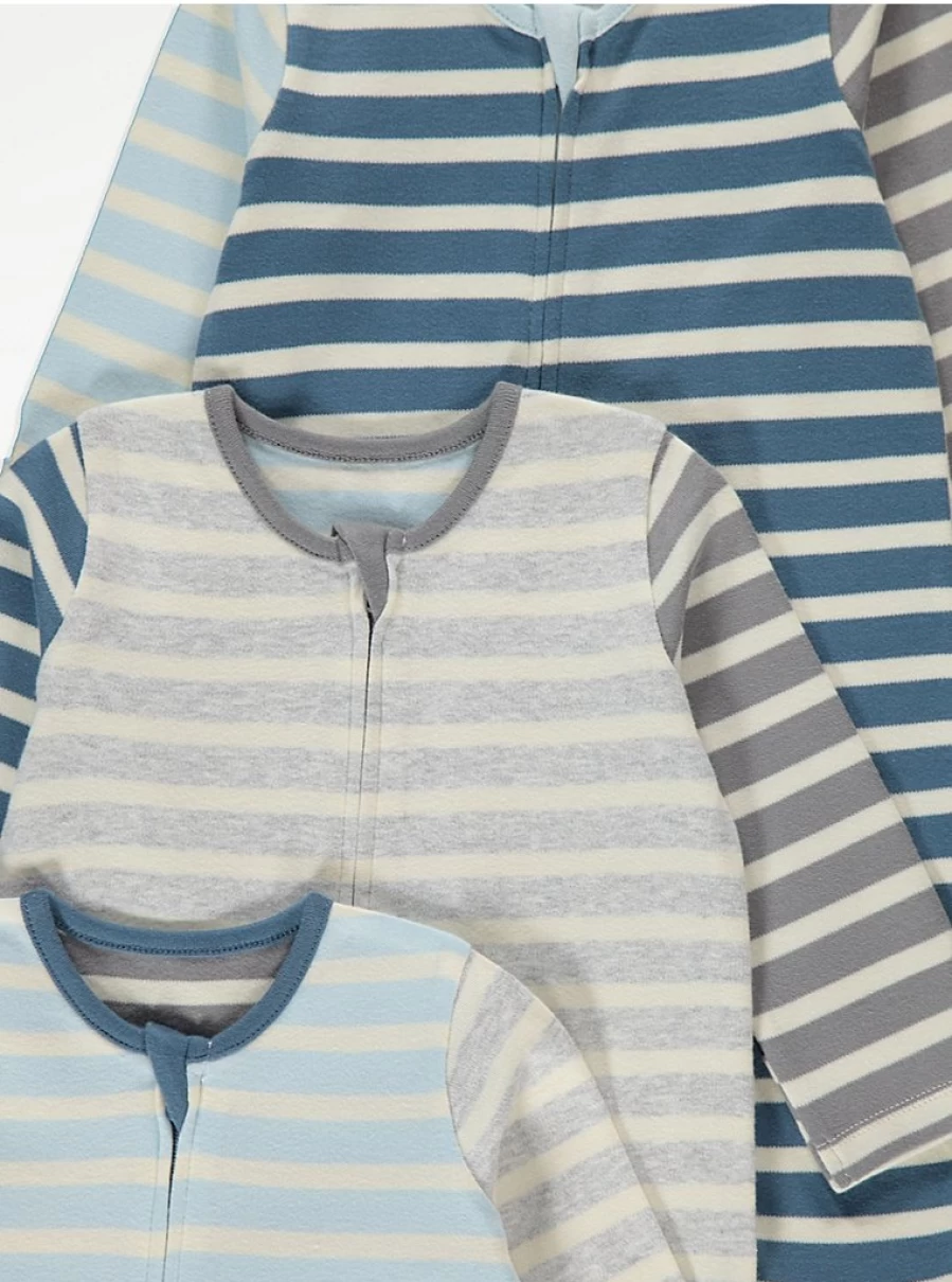 George at Asda Baby Boys' Blue Striped Sleepsuits 3-Pack - Soft Cotton Zip-Up Pajamas