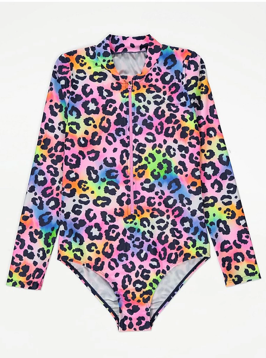 "George at Asda Girls' Bright Animal Print Long Sleeve Swimsuit – Kids' UV Protection Swimwear"