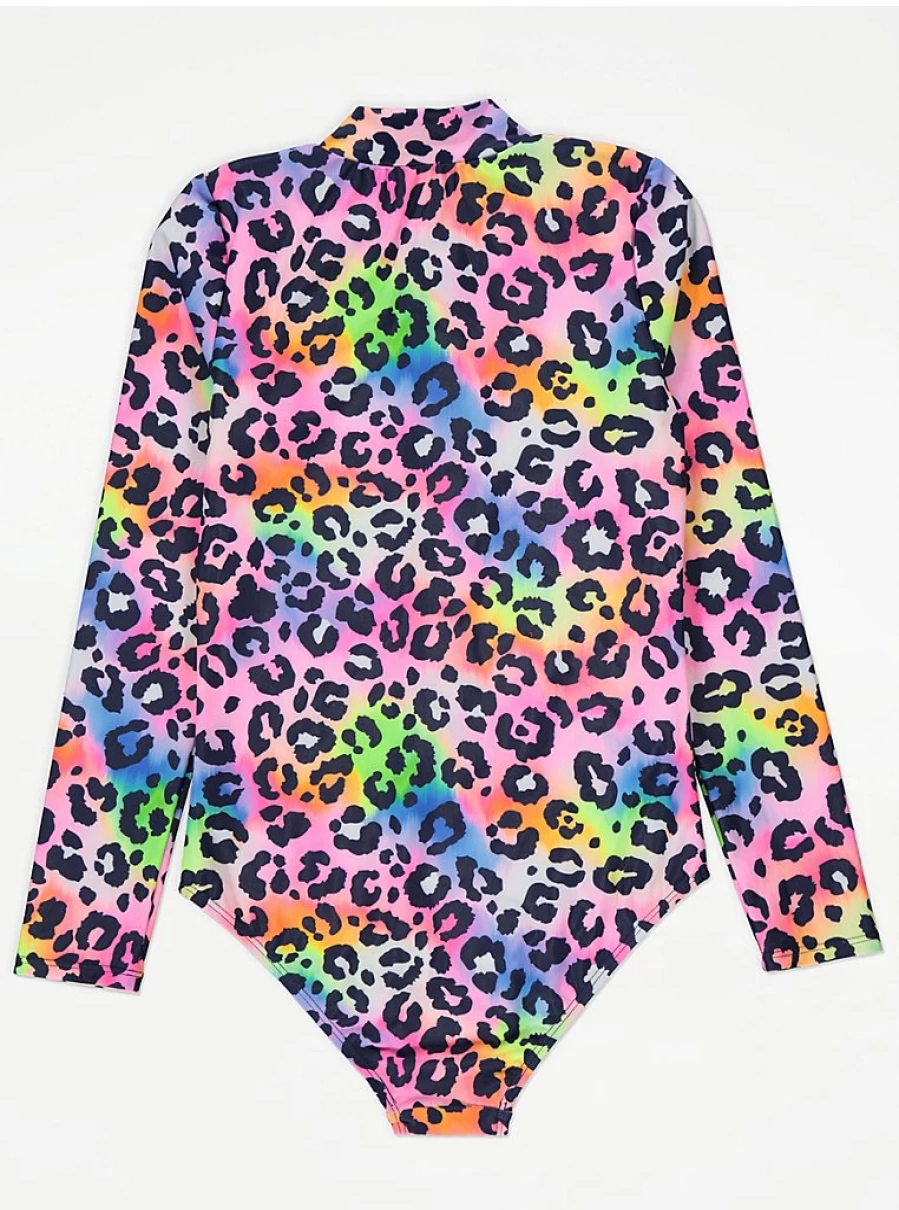 "George at Asda Girls' Bright Animal Print Long Sleeve Swimsuit – Kids' UV Protection Swimwear"