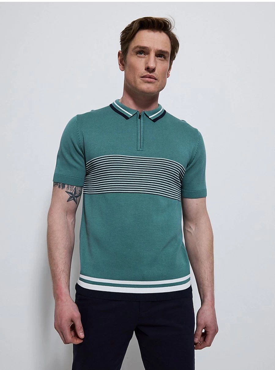 Men's Green Striped Short Sleeve Knitted Polo Shirt | George at Asda