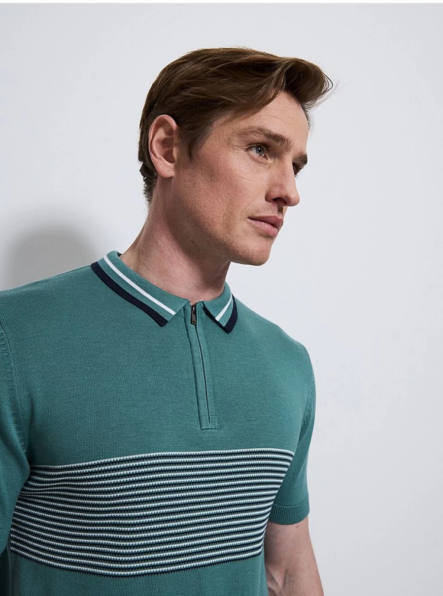 Men's Green Striped Short Sleeve Knitted Polo Shirt | George at Asda