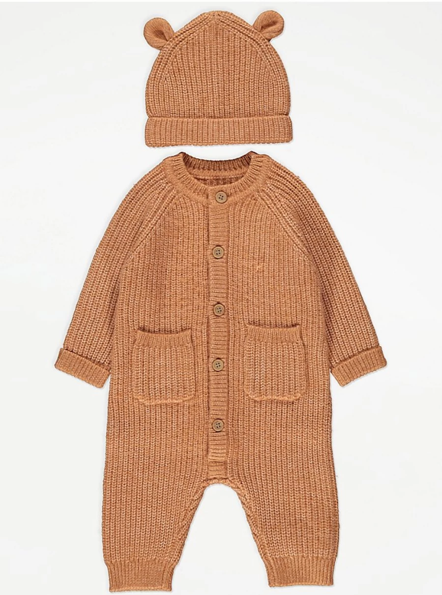 "George at Asda Boys Rust Rib Knit Raglan Sleeve Baby All-in-One with Hat Outfit"