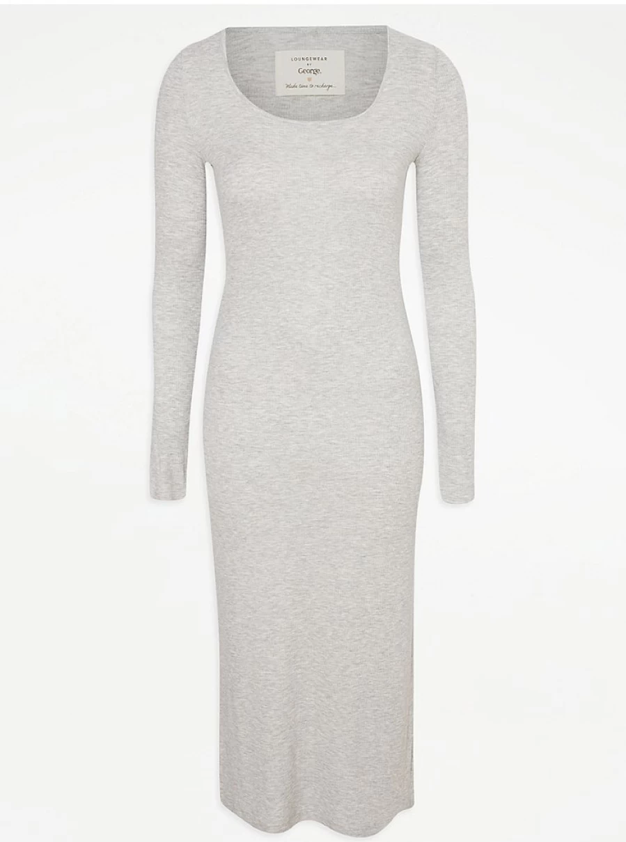 "George at Asda Grey Ribbed Long Sleeve Night Dress for Women | Comfortable Lingerie Sleepwear"