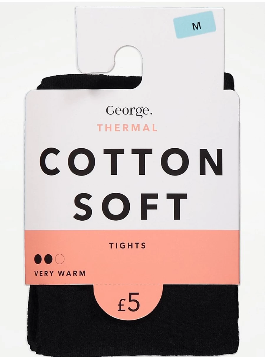 "George at Asda Black Cotton Thermal Tights for Women – Soft & Warm Winter Lingerie"
