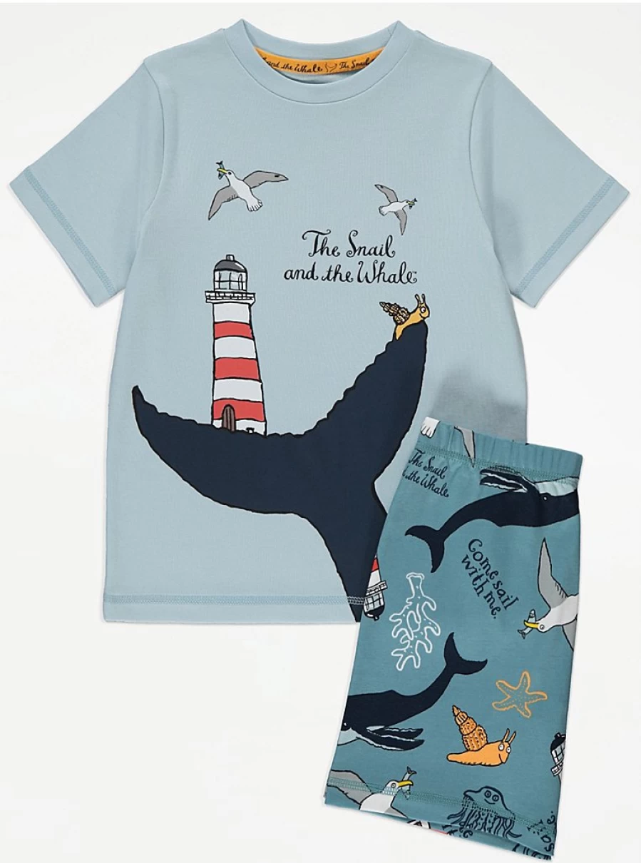 "George at Asda Kids Blue Snail and Whale Themed Short Pyjamas – Comfortable & Fun Sleepwear"