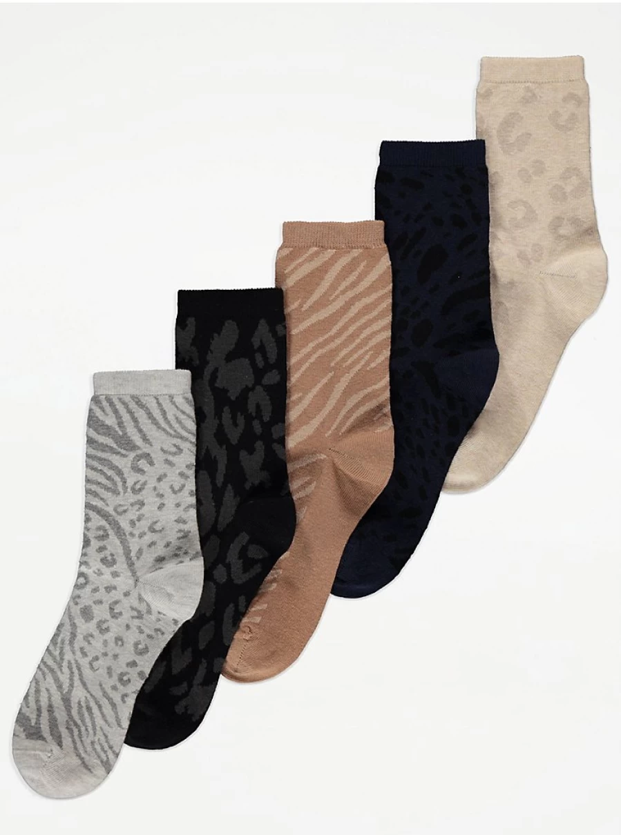 George at Asda Animal Print Ankle Socks 5 Pack - Women's Fashion Socks for Everyday Wear