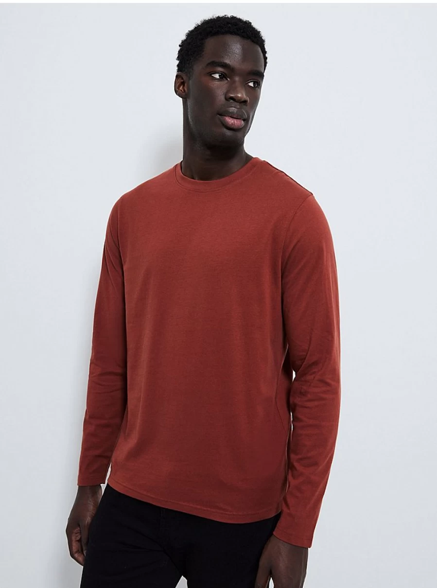 Men's Rust Crew Neck Long Sleeve T-Shirt | George at Asda | Comfort & Style