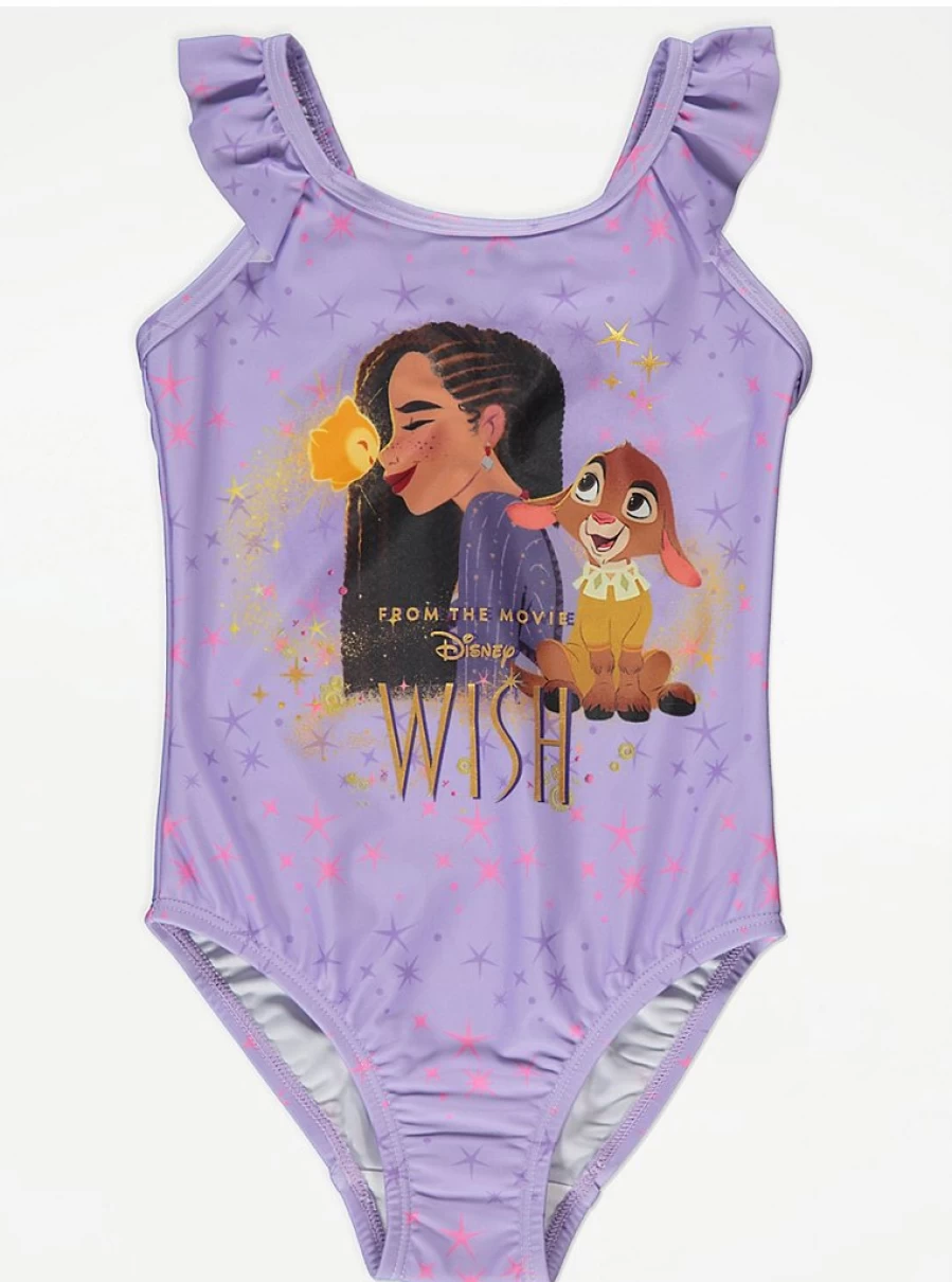George at Asda Disney Wish Lilac Swimsuit for Girls | Kids' Floral One-Piece Bathing Suit