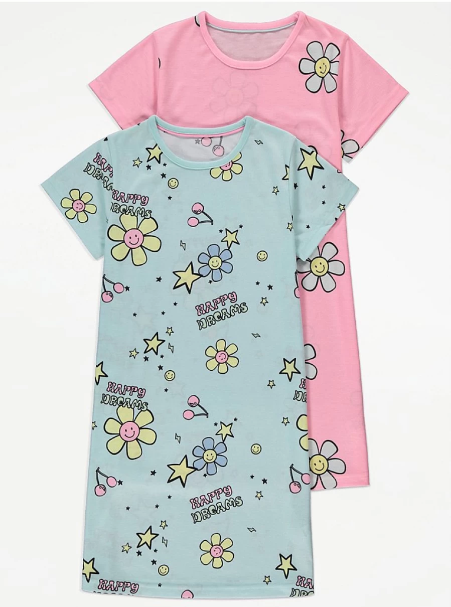 "George at Asda Girls' Smiley Flower Happy Dreams Nightdress 2-Pack – Comfortable Kids Pajama Set"