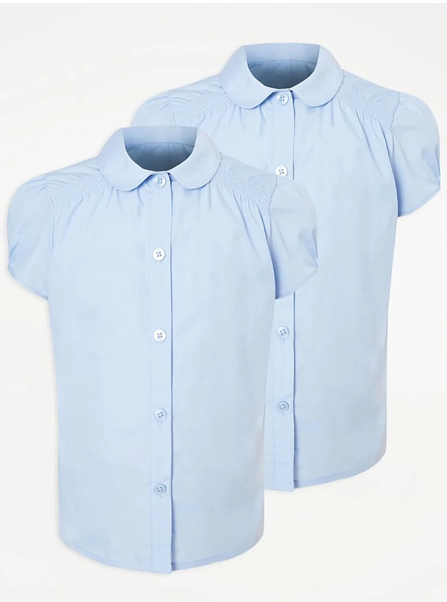 "George at Asda Girls' Light Blue Short Sleeve Shirred Blouse 2-Pack for School | Comfortable & Stylish"
