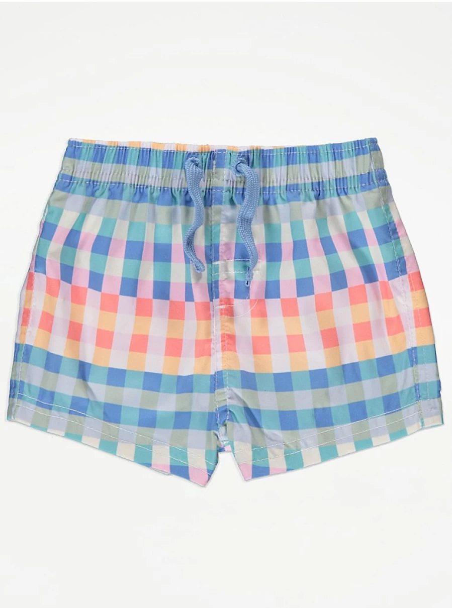 "George at Asda Boys' Bright Blue Gingham Swim Trunks – Comfortable Baby Swimwear"