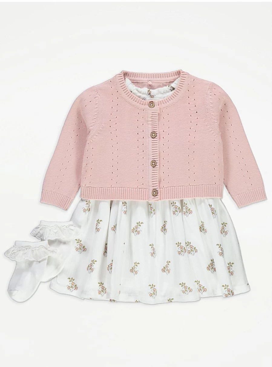 "George at Asda Baby Girls' Pink Knitted Cardigan Floral Dress and Socks Outfit Set"