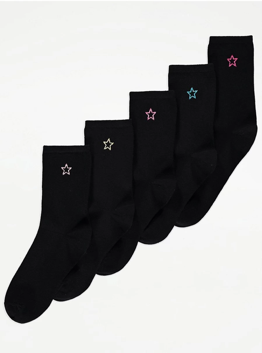 George at Asda Black Embroidered Star Ankle Socks 5 Pack - Women's Fashion Socks for Comfort & Style