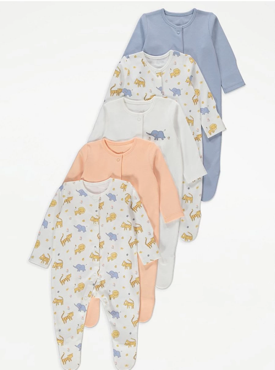 George at Asda Baby Safari Animals Sleepsuits 5-Pack - Soft, Comfortable & Cute Sleepwear for Infants