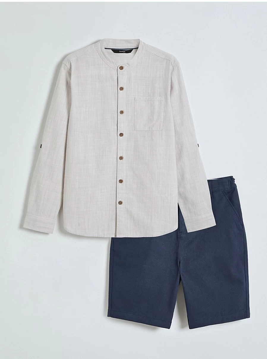 "George at Asda Boys Grandad Collar Shirt and Chino Shorts Outfit Review"