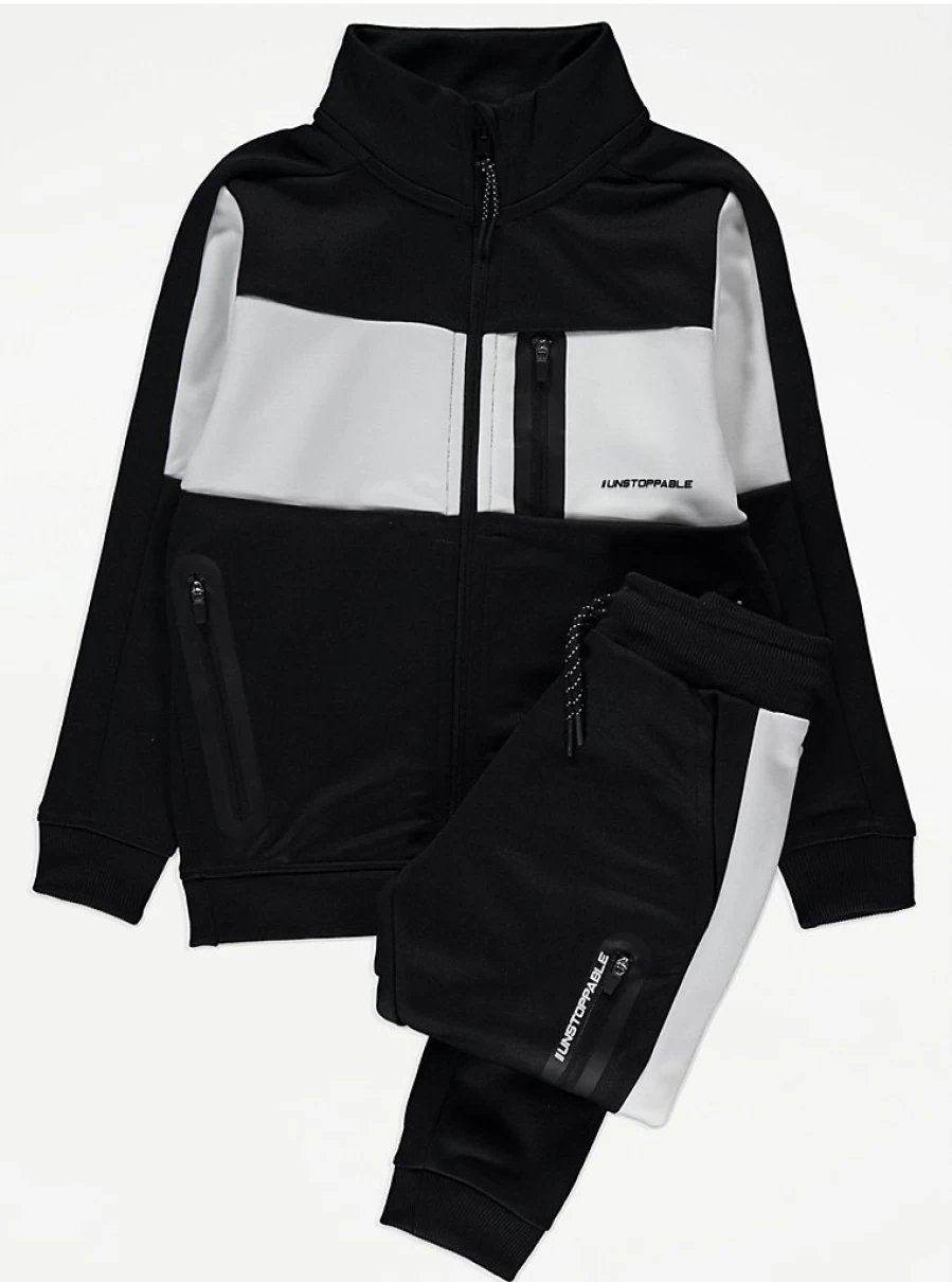 "George at Asda Boys Black Colour Block Zip Up Tracksuit | Unstoppable Kids Sportswear"