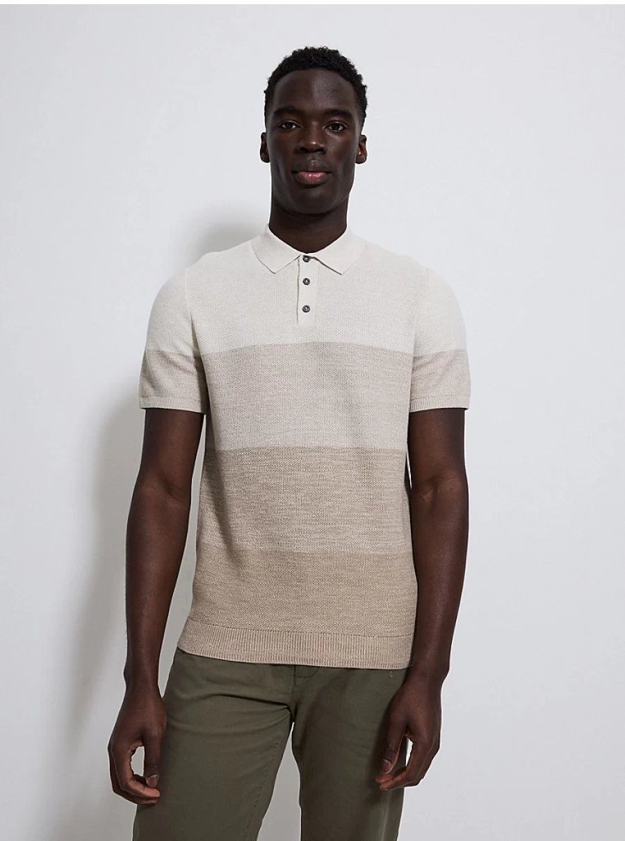 Men's Stone Ombre Striped Knitted Polo Shirt | George at Asda
