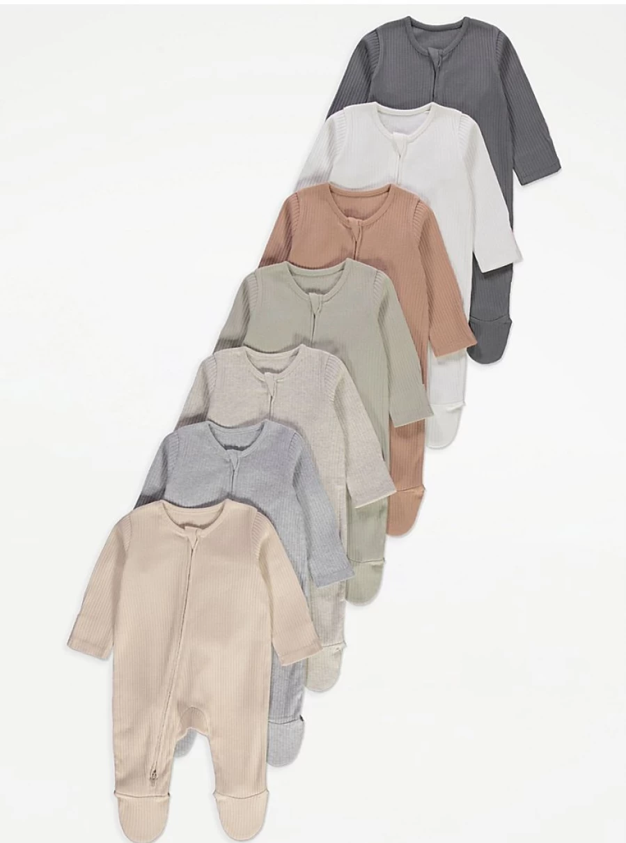 "George at Asda Baby 7-Pack Neutral Zip-Up Ribbed Sleepsuits | Soft Infant Pajamas"