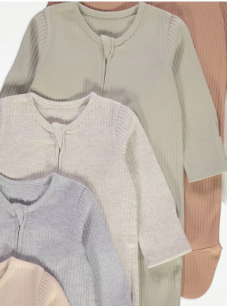 "George at Asda Baby 7-Pack Neutral Zip-Up Ribbed Sleepsuits | Soft Infant Pajamas"