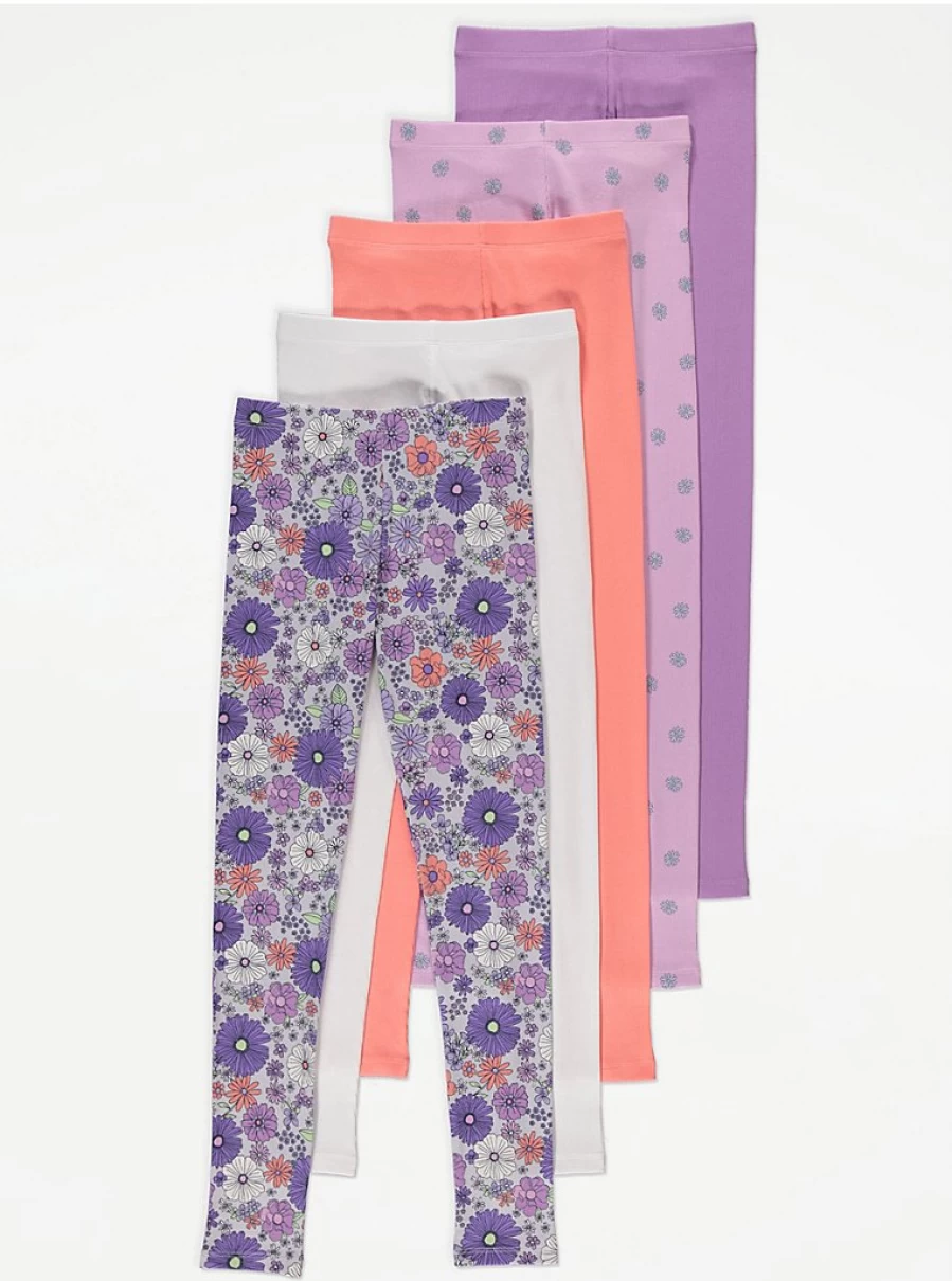 "George at Asda Girls' Purple Ditsy Floral Rib Leggings 5-Pack | Comfortable Kids Leggings"