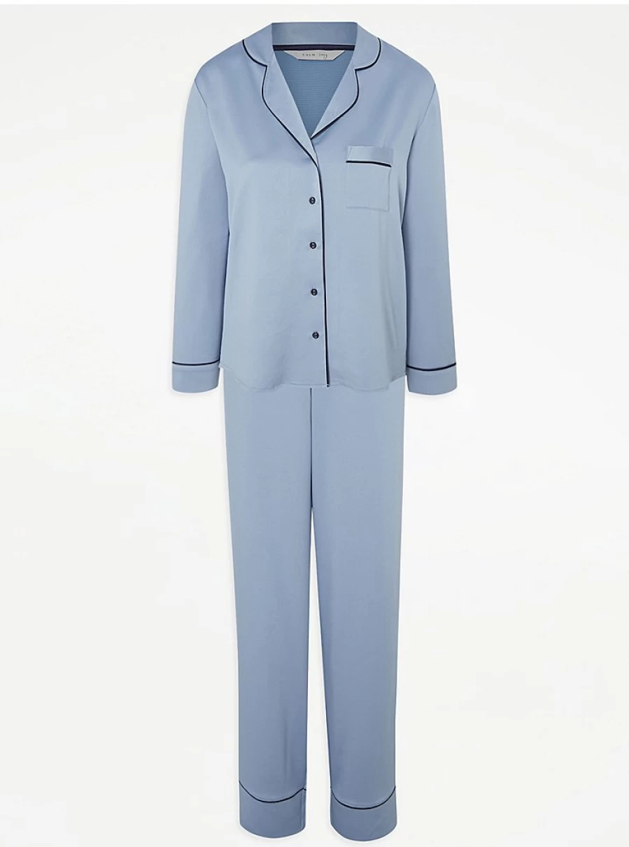 "George at Asda Blue Satin Traditional Shirt Pyjamas – Comfortable Loungewear & Sleepwear"