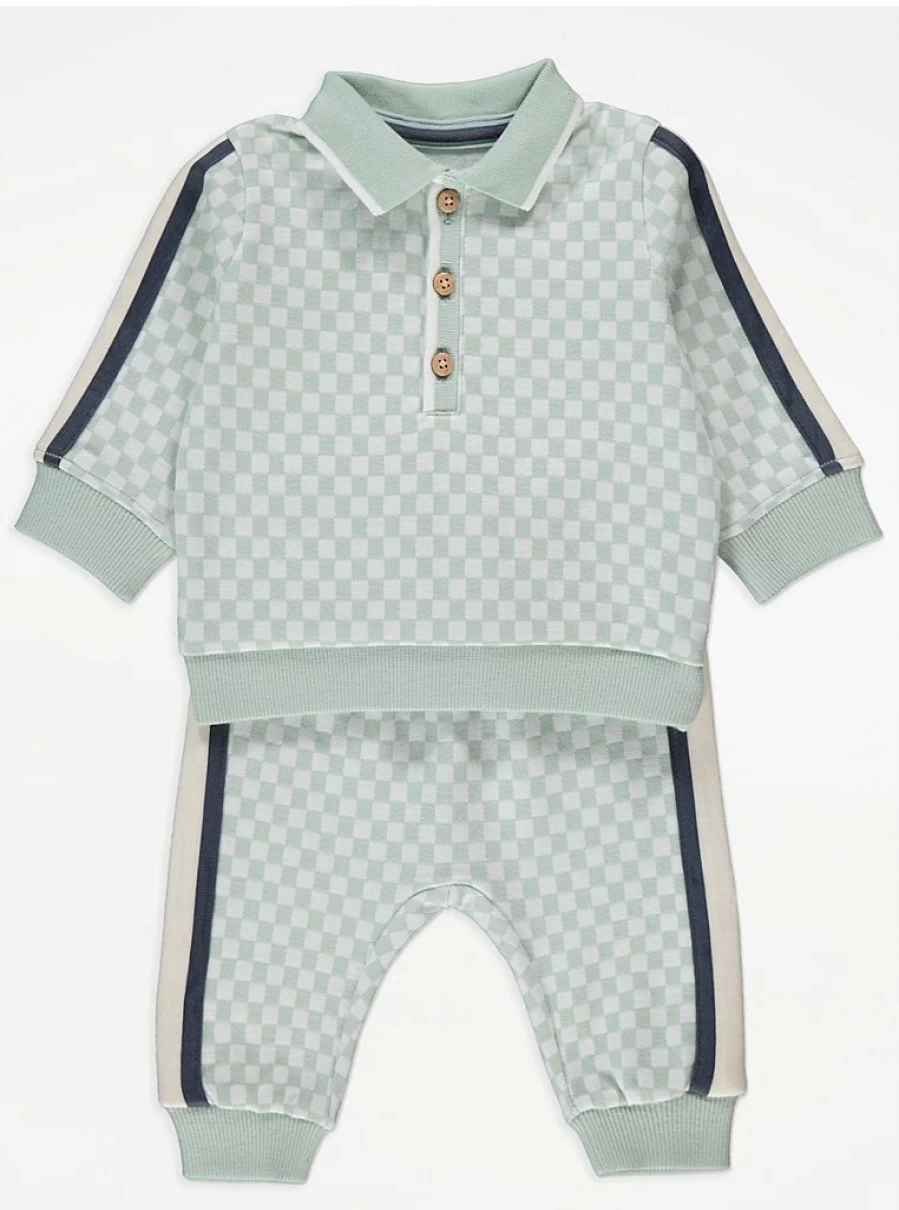 "George at Asda Boys' Green Checked Polo Jumper & Joggers Outfit – Comfortable Baby Set"