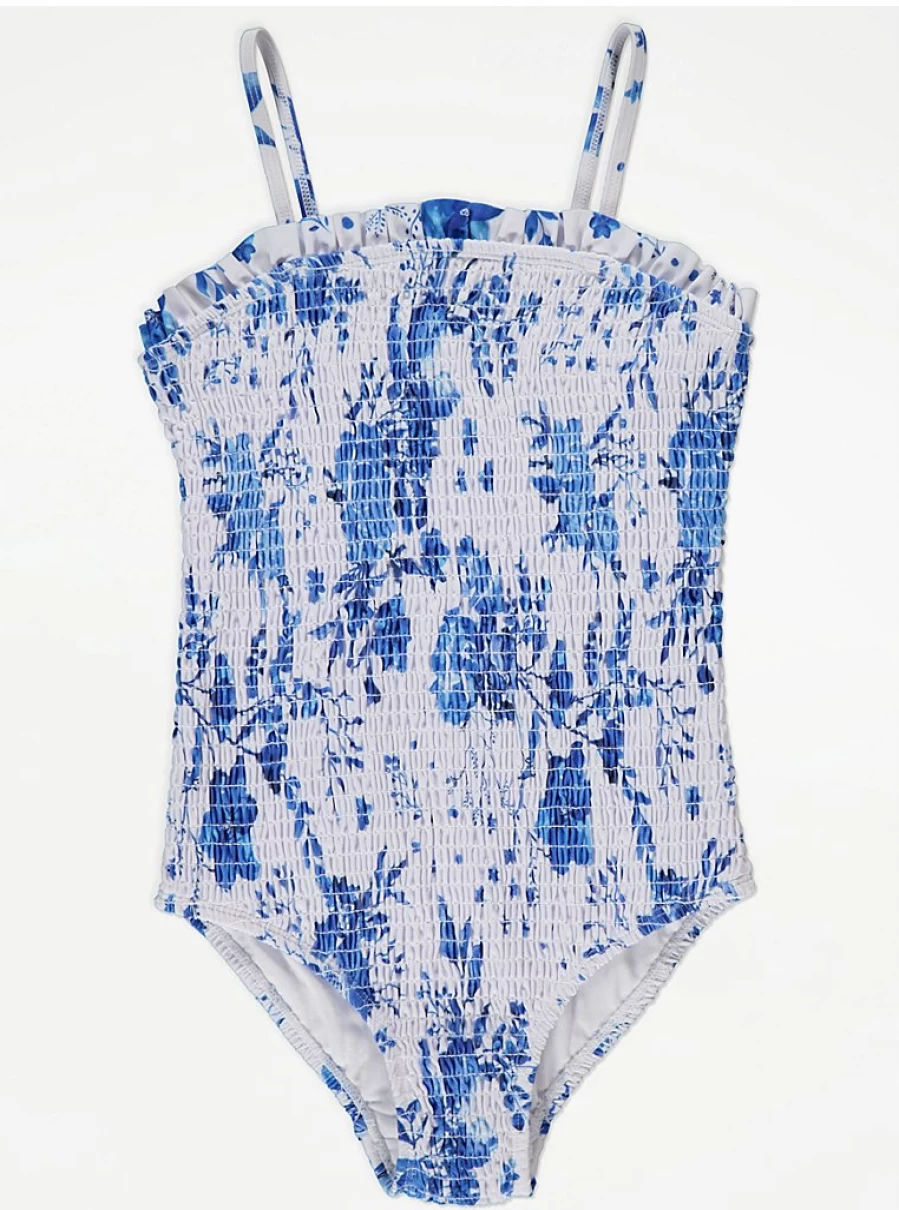 "George at Asda Girls' Floral Shirred Strappy Swimsuit - White and Blue Swimwear for Kids"