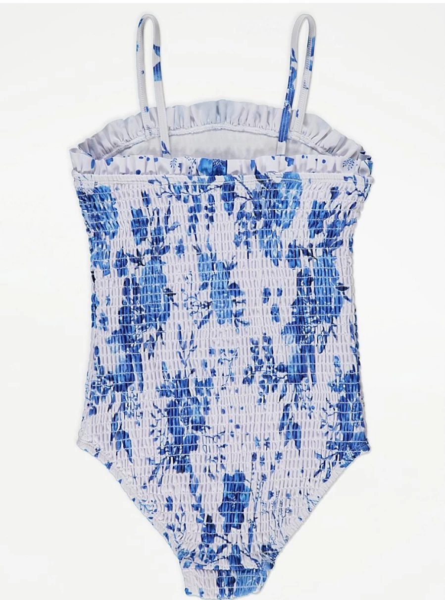 "George at Asda Girls' Floral Shirred Strappy Swimsuit - White and Blue Swimwear for Kids"