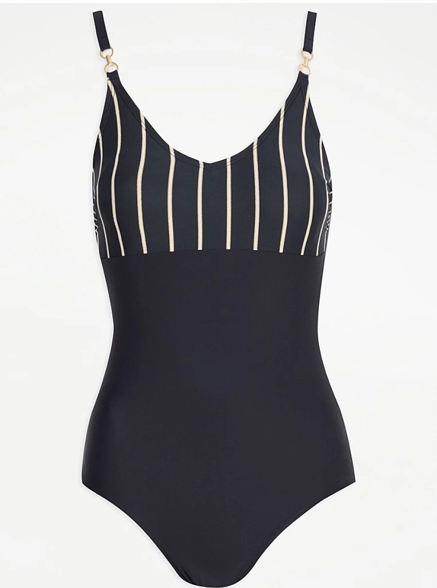 Women's Black Shimmer Stripe V-Neck Swimsuit | George at Asda | Stylish Swimwear