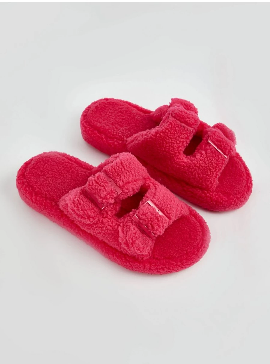 "George at Asda Neon Pink Borg Fleece Slide Slippers with Buckle Detail | Cozy Home Footwear"