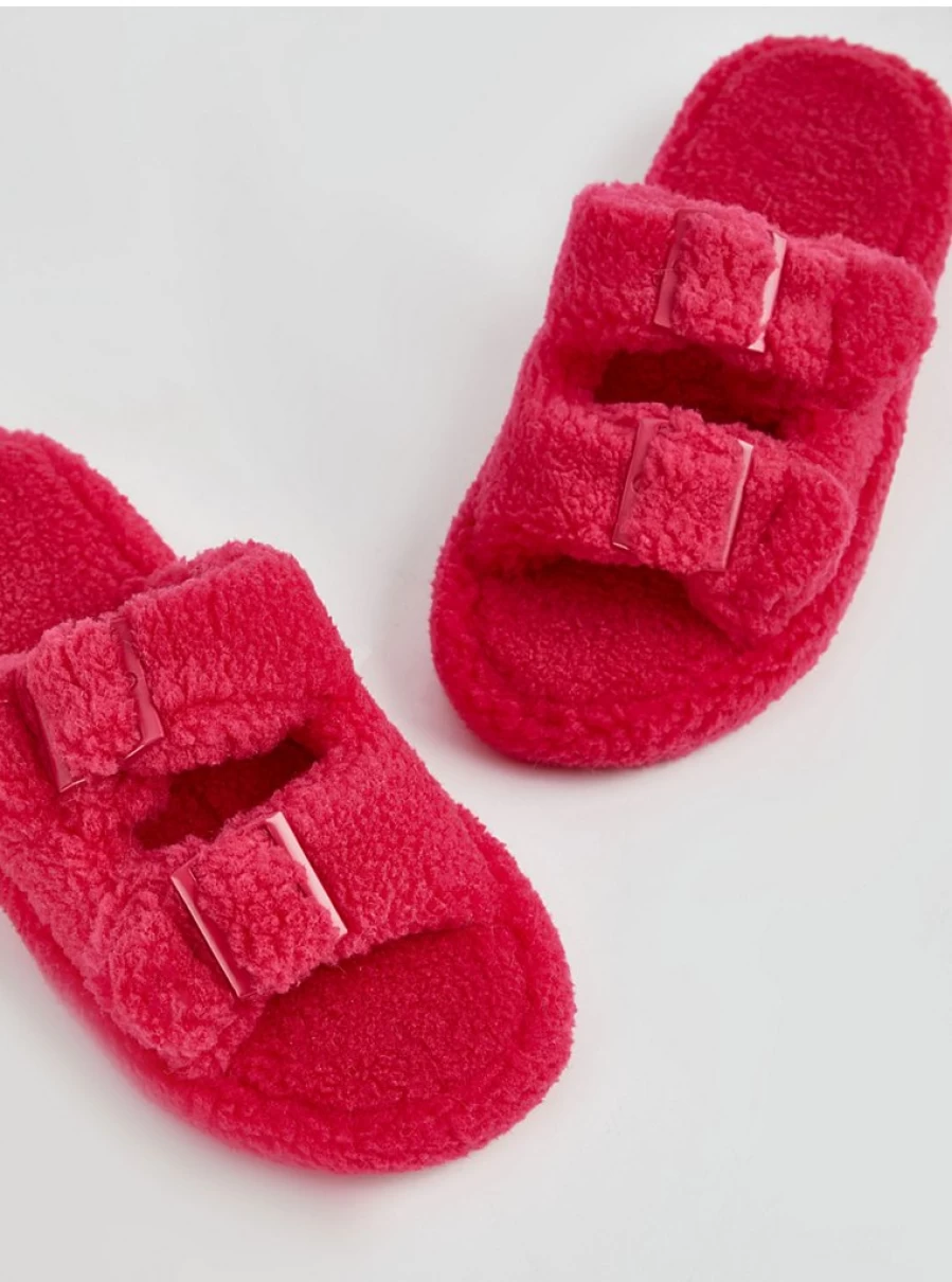 "George at Asda Neon Pink Borg Fleece Slide Slippers with Buckle Detail | Cozy Home Footwear"